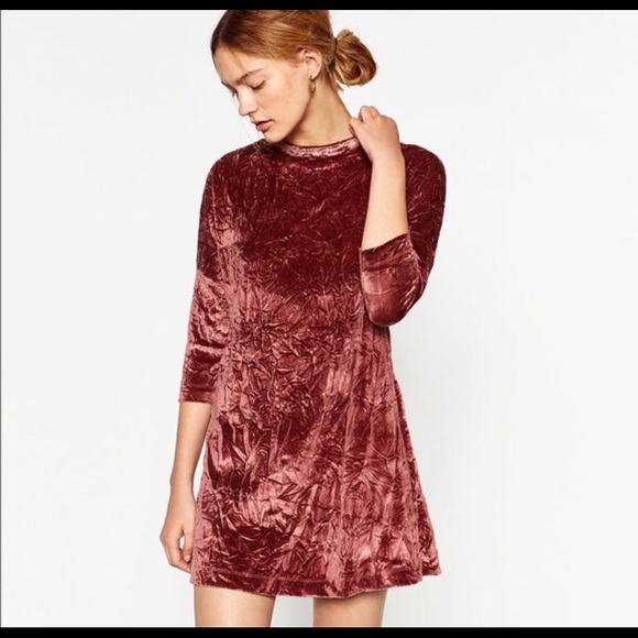 Zara Dresses & Skirts - Zara red crushed velvet mock neck swing dress Sz M